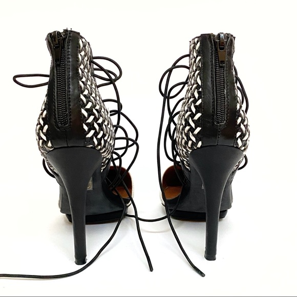 Jeffrey Campbell Roulette black white pointed toe lace up ankle open sides heels - Picture 4 of 11
